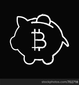 Bitcoin deposit chalk icon. Penny piggy bank with bitcoin. Cryptocurrency mining. Saving digital money. Isolated vector chalkboard illustration. Bitcoin deposit chalk icon