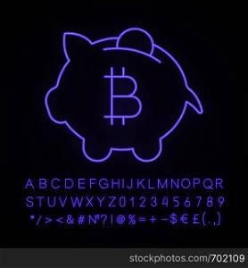 Bitcoin deposit neon light icon. Penny piggy bank with bitcoin. Cryptocurrency mining. Glowing sign with alphabet, numbers and symbols. Saving digital money. Vector isolated illustration. Bitcoin deposit neon light icon