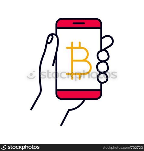 Bitcoin digital wallet color icon. E-payment. Cryptocurrency. Hand holding smartphone with bitcoin sign. Digital money transaction app. Isolated vector illustration. Bitcoin digital wallet color icon