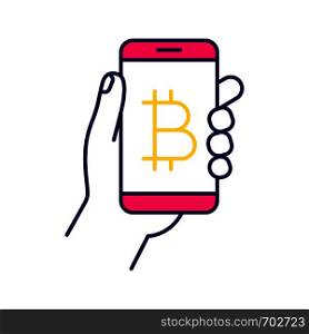 Bitcoin digital wallet color icon. E-payment. Cryptocurrency. Hand holding smartphone with bitcoin sign. Digital money transaction app. Isolated vector illustration. Bitcoin digital wallet color icon