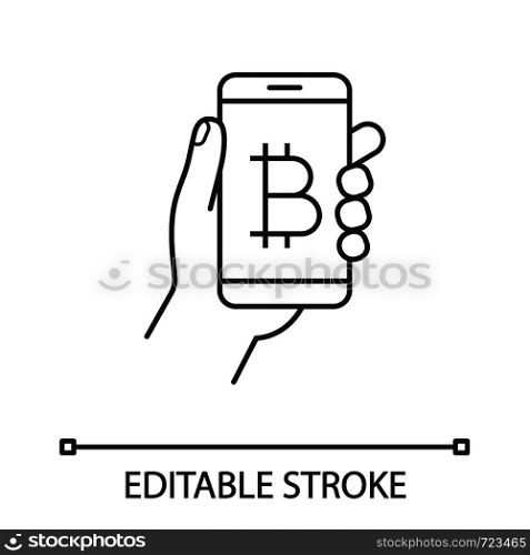 Bitcoin digital wallet linear icon. E-payment. Cryptocurrency. Hand holding smartphone with bitcoin. Digital money transaction app. Contour symbol. Vector isolated outline drawing. Editable stroke. Bitcoin digital wallet linear icon