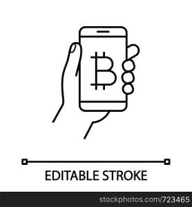 Bitcoin digital wallet linear icon. E-payment. Cryptocurrency. Hand holding smartphone with bitcoin. Digital money transaction app. Contour symbol. Vector isolated outline drawing. Editable stroke. Bitcoin digital wallet linear icon