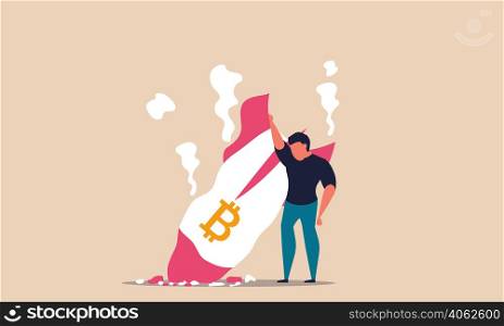 Bitcoin down and crypto currency price exchange. Rocket btc fall with volatility investment vector illustration concept. Commerce collapse and stock money reduction. Virtual trade blockchain fail