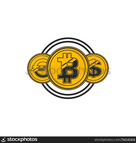 Bitcoin, euro and dollar coins in one blockchain isolated icon. Vector cryptocurrency exchange symbol. Cryptocurrency exchange, euro, bitcoin and dollar