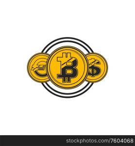 Bitcoin, euro and dollar coins in one blockchain isolated icon. Vector cryptocurrency exchange symbol. Cryptocurrency exchange, euro, bitcoin and dollar