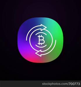 Bitcoin exchange app icon. Digital currency transaction. UI/UX user interface. Circle arrows with bitcoin coin inside. Refund cryptocurrency. Web or mobile application. Vector isolated illustration. Bitcoin exchange app icon