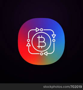 Bitcoin exchange app icon. Digital currency transaction. UI/UX user interface. Circle arrows with bitcoin inside. Refund cryptocurrency contour symbol. Fintech, big data. Vector isolated illustration. Bitcoin exchange app icon