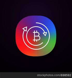 Bitcoin exchange app icon. UI/UX user interface. Web or mobile application. Digital currency transaction. Cryptocurrency mining. Bitcoin coin with arrows. Vector isolated illustration. Bitcoin exchange app icon