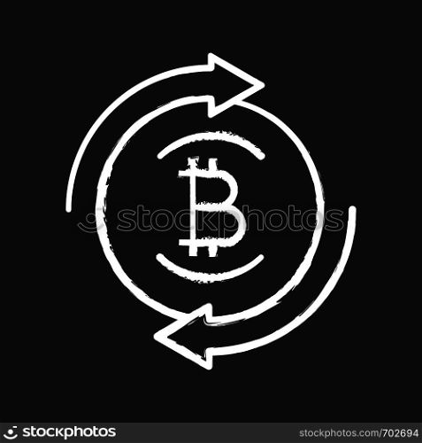 Bitcoin exchange chalk icon. Digital currency transaction. Circle arrows with bitcoin coin inside. Refund cryptocurrency. Isolated vector chalkboard illustration. Bitcoin exchange chalk icon