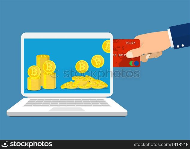 Bitcoin exchange concept. Cryptocurrency Capitalizations. man hand with a credit card, phone and bitcoins. Purchase of digital virtual electronic coins. Vector illustration in flat style. Bitcoin exchange concept.