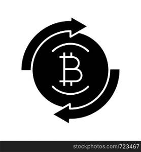 Bitcoin exchange glyph icon. Digital currency transaction. Silhouette symbol. Circle arrows with bitcoin coin inside. Refund cryptocurrency contour symbol. Negative space. Vector isolated illustration. Bitcoin exchange glyph icon