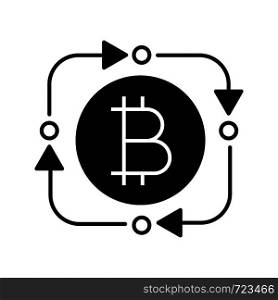 Bitcoin exchange glyph icon. Digital currency transaction. Silhouette symbol. Circle arrows with bitcoin inside. Refund cryptocurrency contour symbol. Fintech, big data. Vector isolated illustration. Bitcoin exchange glyph icon