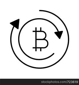 Bitcoin exchange glyph icon. Silhouette symbol. Digital currency transaction. Cryptocurrency mining. Bitcoin coin with arrows. Negative space. Vector isolated illustration. Bitcoin exchange glyph icon