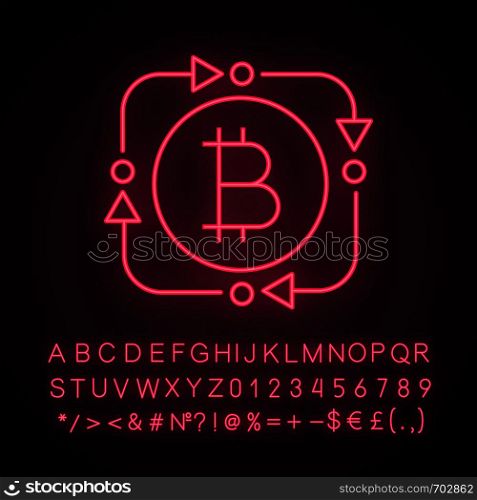 Bitcoin exchange neon light icon. Digital currency transaction. Glowing sign with alphabet, numbers and symbols. Circle arrows with bitcoin inside. Fintech and big data. Vector isolated illustration. Bitcoin exchange neon light icon