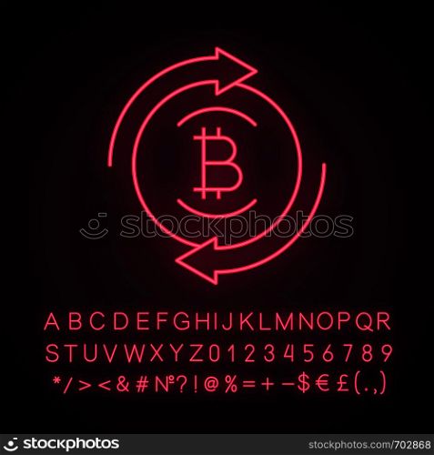 Bitcoin exchange neon light icon. Digital currency transaction. Glowing sign with alphabet, numbers and symbols. Circle arrows with bitcoin coin. Refund cryptocurrency. Vector isolated illustration. Bitcoin exchange neon light icon