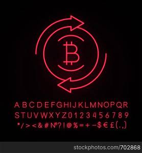 Bitcoin exchange neon light icon. Digital currency transaction. Glowing sign with alphabet, numbers and symbols. Circle arrows with bitcoin coin. Refund cryptocurrency. Vector isolated illustration. Bitcoin exchange neon light icon