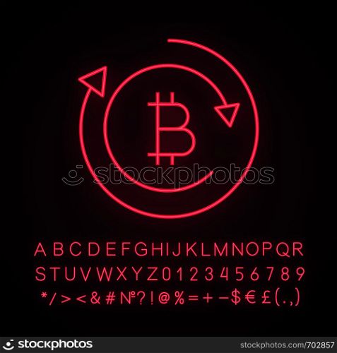 Bitcoin exchange neon light icon. Glowing sign with alphabet, numbers and symbols. Digital currency transaction. Cryptocurrency mining. Bitcoin coin with arrows. Vector isolated illustration. Bitcoin exchange neon light icon