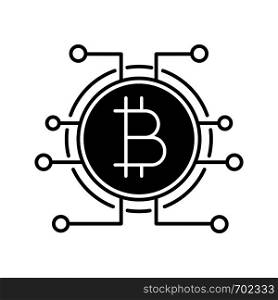 Bitcoin glyph icon. Virtual currency. Online banking. Silhouette symbol. Bitcoin payment. Contour symbol. Microchip pathways with coin inside. Negative space. Vector isolated illustration. Bitcoin glyph icon