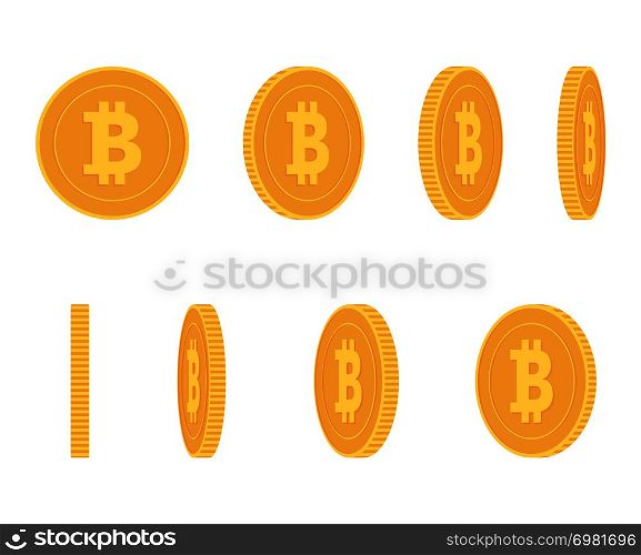 Bitcoin gold coin at different angles for animation vector set Finance money currency bitcoin illustration. Bitcoin gold coin at different angles for animation vector set