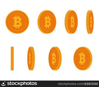 Bitcoin gold coin at different angles for animation vector set Finance money currency bitcoin illustration. Bitcoin gold coin at different angles for animation vector set
