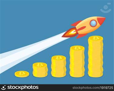Bitcoin growth concept. Stacks of gold coins like income graph with bitcoin. rocket flying over stacks of Golden coin with bitcoin sign. Vector illustration in flat style. Bitcoin growth concept.