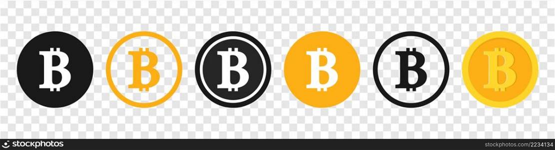 Bitcoin icon. Bitcoin icons isolated on transparent background. Logo of cryptocurrency. Crypto coin symbol. Sign of btc. Blockchain and crypto currency. Virtual commerce. Vector.