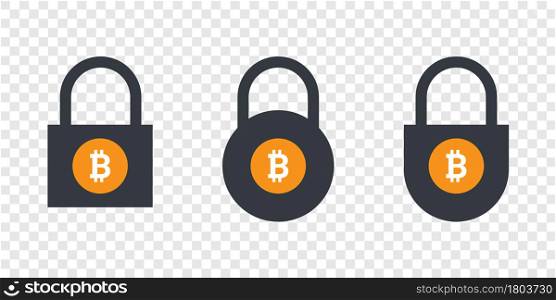 Bitcoin icons. Cryptocurrency icons in locks. Digital cryptographic currency icons. Vector illustration