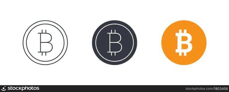 Bitcoin icons. Cryptocurrency logo variations. Digital cryptographic currency bitcoin. Vector illustration
