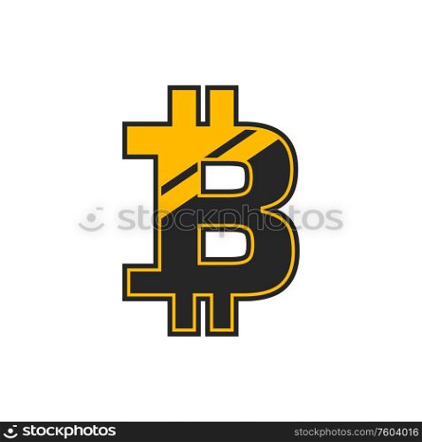 Bitcoin isolated symbol, golden letter B. Vector cryptocurrency sign, metal crypto bit-coin logo. Cryptocurrency btc sign, isolated bitcoin logo
