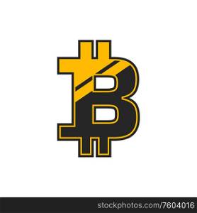 Bitcoin isolated symbol, golden letter B. Vector cryptocurrency sign, metal crypto bit-coin logo. Cryptocurrency btc sign, isolated bitcoin logo