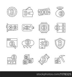 Bitcoin line icon set. Contain crypto currency mining, minner, server, software miner. Editable thin stroke vector.