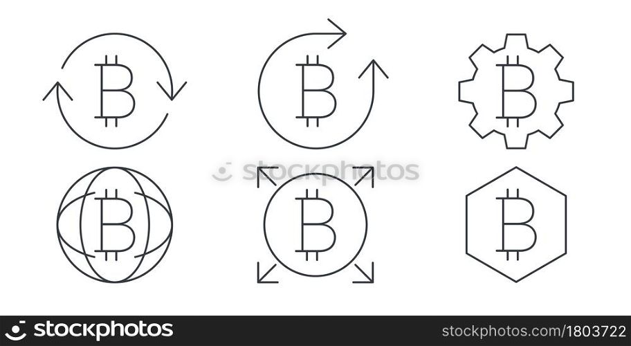 Bitcoin linear icons. Cryptocurrency sign variations. Digital cryptographic currency bitcoin. Vector illustration