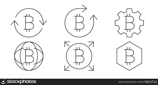Bitcoin linear icons. Cryptocurrency sign variations. Digital cryptographic currency bitcoin. Vector illustration
