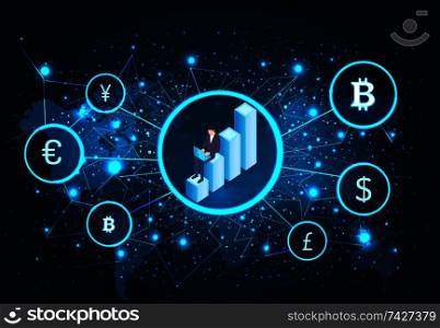 Bitcoin male with laptop investing money and getting profit and benefits vector. Businessman with computer, map with euro, dollar yen, pound sterling. Bitcoin Male with Laptop Investing Money Vector