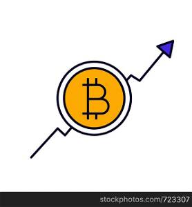 Bitcoin market growth chart color icon. Cryptocurrency prices rising. Statistics diagram with bitcoin sign. Isolated vector illustration. Bitcoin market growth chart color icon