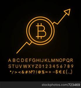 Bitcoin market growth chart neon light icon. Cryptocurrency prices rising. Statistics diagram with bitcoin sign. Glowing sign with alphabet, numbers and symbols. Vector isolated illustration. Bitcoin market growth chart neon light icon