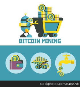 Bitcoin mining. A cute robot carries a mining trolley with bitcoins. Concept. Vector illustration. Bitcoin mining icon set.