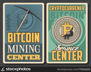 Bitcoin mining center, retro cryptocurrency services. Vector blockchain technologies, digital money mining, crypto coins exchange system. Mining axe-pick or pickaxe, golden letter B sign, transactions. Cryptocurrency coins, bitcoin mining tool