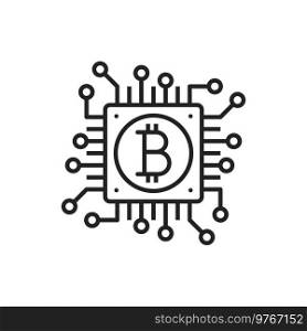 Bitcoin mining chain cryptocurrency data center isolated outline icon. Vector square block connected by circuits, crypto transactions, trade and investment. Digital money exchange, data center. Cryptocurrency blockchain connection isolated icon