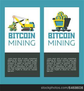 Bitcoin mining. Concept. Vector illustration. Loading bitcoins into a dump truck. Miner trolley with bitcoins.