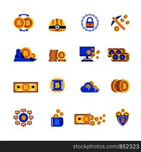 Bitcoin mining cryptocurrency electronic virtual money icons. Vector isolaed symbols of bitcoin in coins, computer server blockchain and digital wallet, sprivacy security shield and crypto key. Bitcoin cryptocurrency mining vector icons for electronic virtual money digital currency