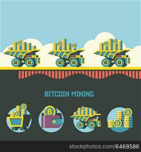 Bitcoin mining. cryptocurrency. Vector concept. Dump truck carries bitcoins. Set of vector emblems. Trolley with bitcoins, wallet with bitcoins, stack of coins.