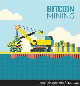 Bitcoin mining. cryptocurrency. Vector concept. Loading bitcoins into a dump truck.
