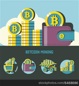 Bitcoin mining. cryptocurrency. Vector concept. Set of vector emblems. Trolley with bitcoins, wallet with bitcoins, stack of coins.