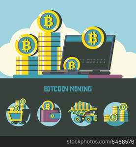 Bitcoin mining. cryptocurrency. Vector concept. Set of vector emblems. Laptop and a stack of coins. Trolley with bitcoins, wallet with bitcoins, stack of coins, dump truck with bitcoins. Set of emblems.