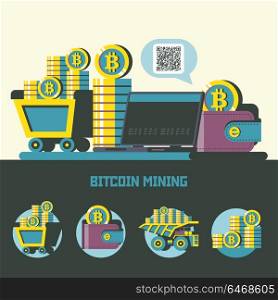 Bitcoin mining. cryptocurrency. Vector concept. Truck with bitcoins. Set of vector emblems. Trolley with bitcoins, laptop, wallet with bitcoins, a stack of coins.