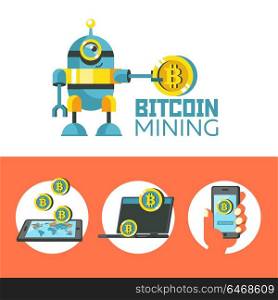 Bitcoin mining. Cute robot holding a large coin bitcoin. Concept. Vector illustration. Bitcoin mining icon set.