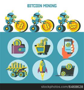 Bitcoin mining. Cute robot wheels ahead large coin bitcoin. Concept. Vector illustration. Bitcoin mining icon set.