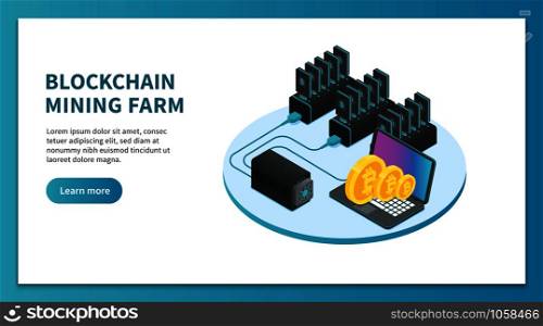 Bitcoin mining isometric concept. Cryptocurrency mining farm, bitcoin marketplace platform. Crypto currency minar mine analystics handel blockchain farms business vector landing page. Bitcoin mining isometric concept. Cryptocurrency mining farm, bitcoin marketplace platform. Crypto business vector landing page