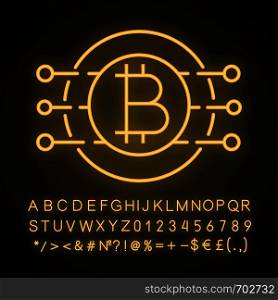 Bitcoin neon light icon. Virtual currency. Online banking. Bitcoin payment. Microchip pathways with coin inside. Glowing sign with alphabet, numbers and symbols. Vector isolated illustration. Bitcoin neon light icon